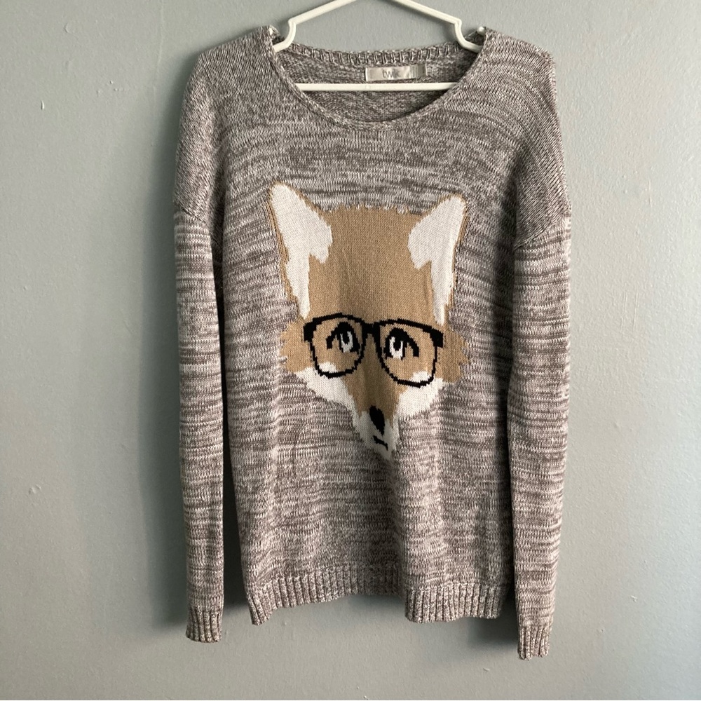Simons twin grey sweater nerdy fox glasses size med